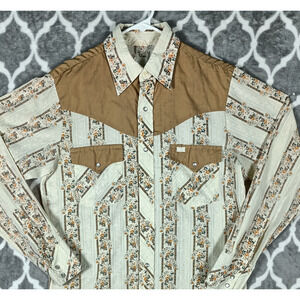 Vintage Bar-B Western Shirt Men Medium Cream Brown Floral Pearl Snap